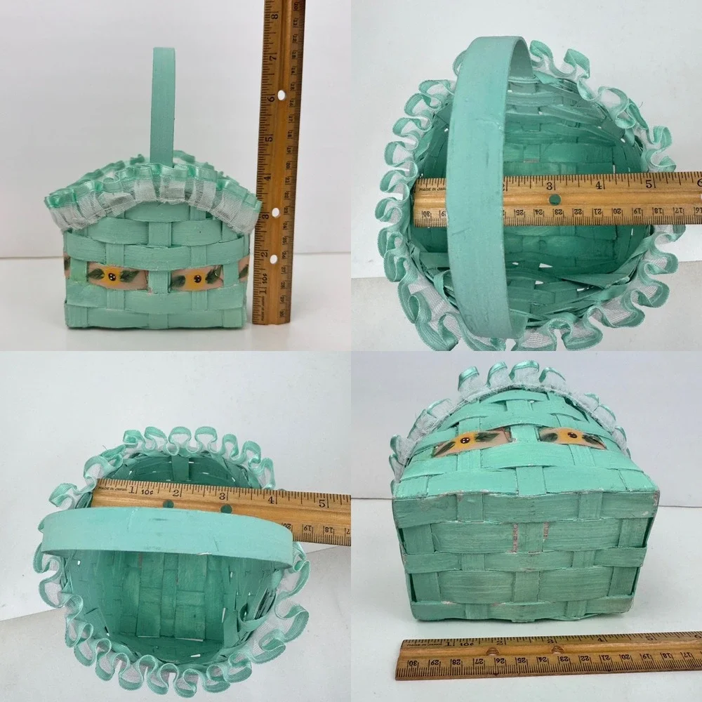 Vtg Small Mint Green Painted Woven Basket w Sunflowers Sheer Ruffle Ribbon Trim